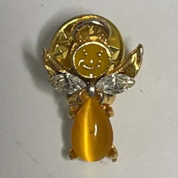 Angel of Happiness Gold Tone Rhinestone Wings Smiley Face Hat Vest Lapel Pin - Picture 4 of 14